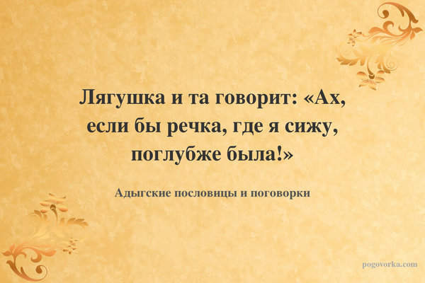 Лягушка и та говорит: «Ах, если бы речка, где я сижу, поглубже была!»