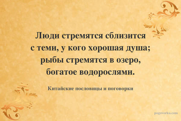 Люди стремятся сблизится с теми, у кого хорошая душа; рыбы стремятся в озеро, богатое водорослями.