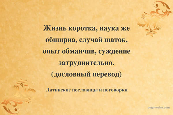 Жизнь коротка, наука же обширна, случай шаток, опыт обманчив, суждение затруднительно. (дословный перевод)