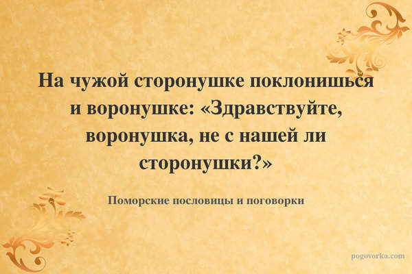 На чужой сторонушке поклонишься и воронушке: «Здравствуйте, воронушка, не с нашей ли сторонушки?»