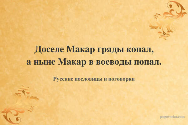 Доселе Макар гряды копал, а ныне Макар в воеводы попал.