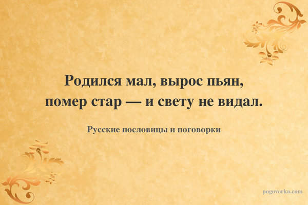 Родился мал, вырос пьян, помер стар — и свету не видал.