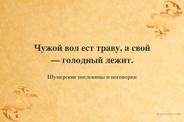 Чужой вол ест траву, а свой — голодный лежит.