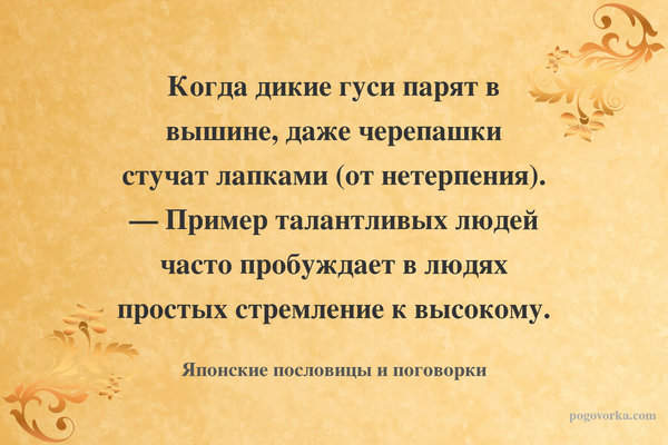 Когда дикие гуси парят в вышине, даже черепашки стучат лапками (от нетерпения). — Пример талантливых людей часто пробуждает в людях простых стремление к высокому.